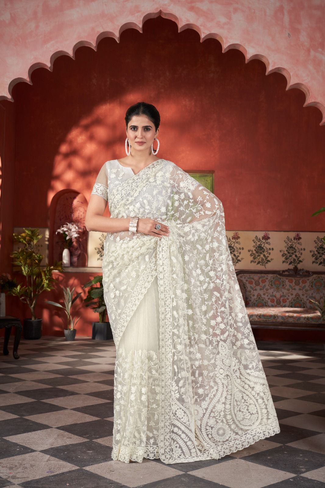 Off white Elegant Embroidered Butterfly Net Saree