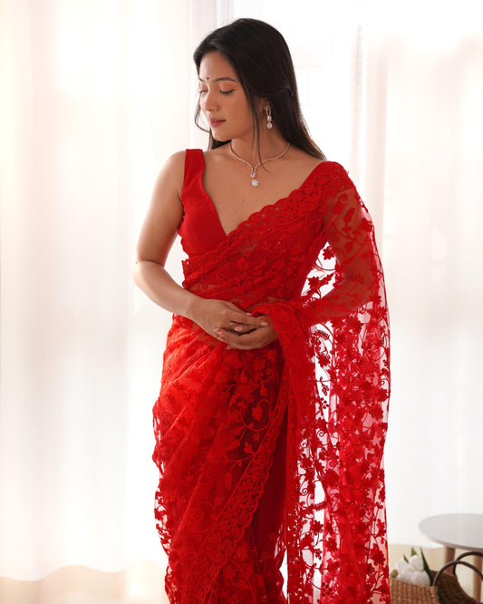 Rich Red Elegant Embroidered Butterfly Net Saree