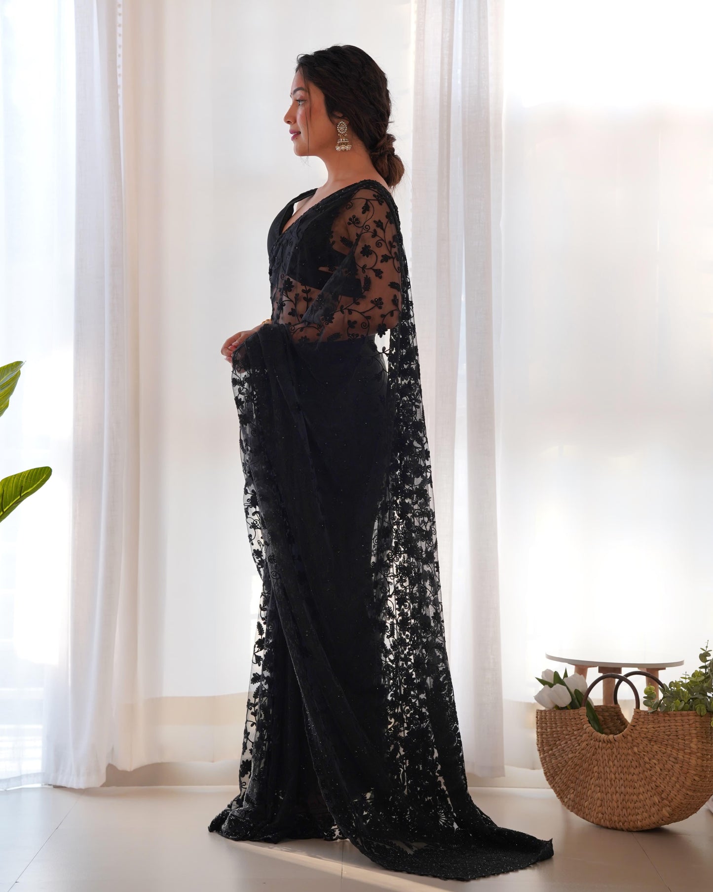 Black Elegant Embroidered Butterfly Net Saree