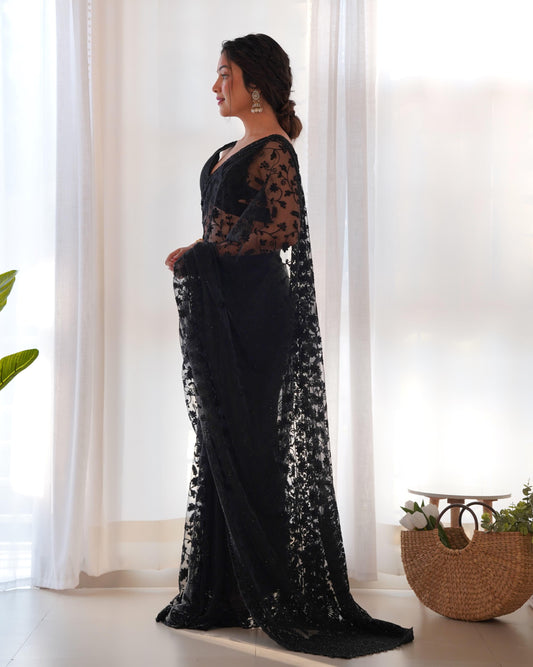 Black Elegant Embroidered Butterfly Net Saree