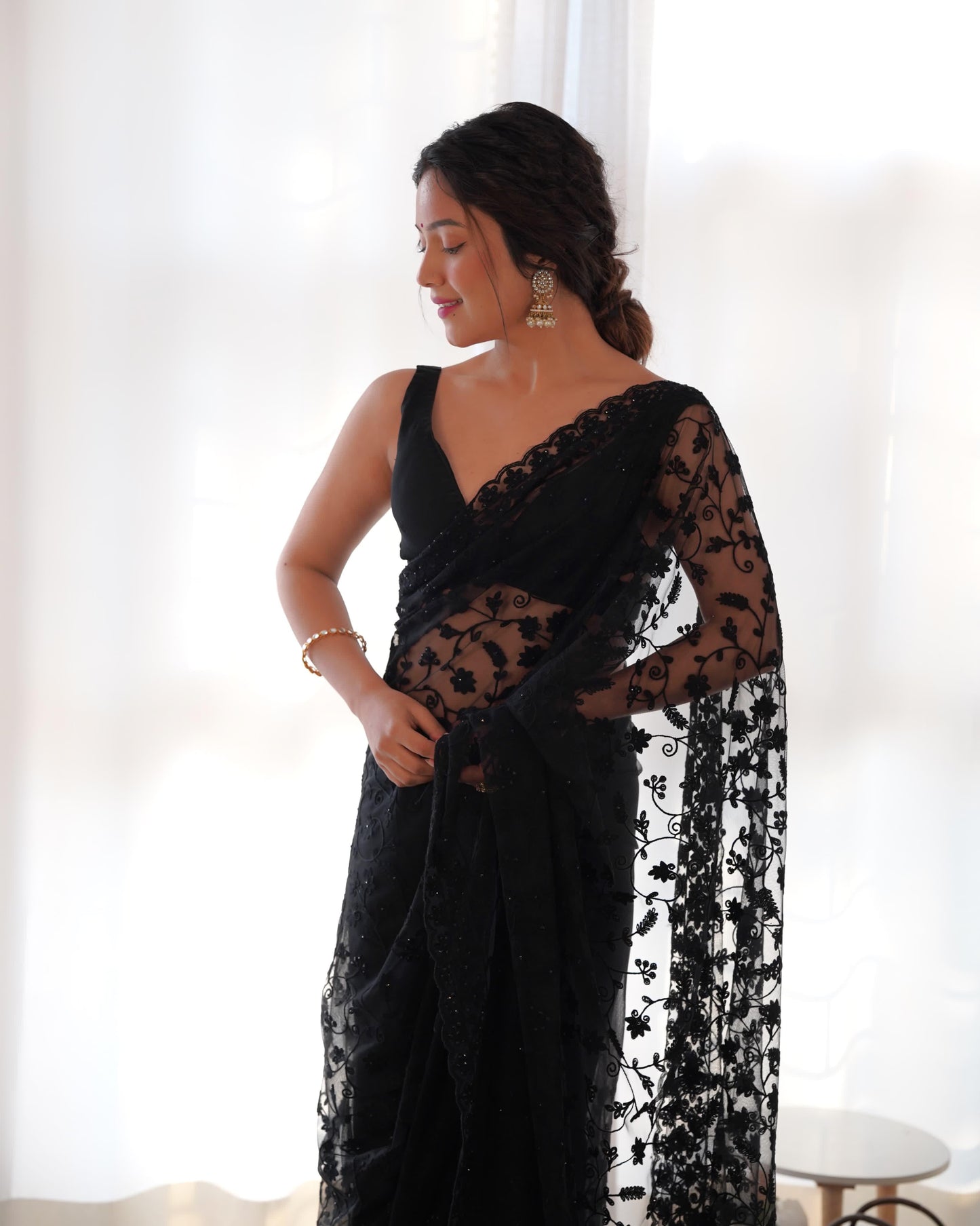 Black Elegant Embroidered Butterfly Net Saree