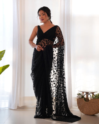 Black Elegant Embroidered Butterfly Net Saree