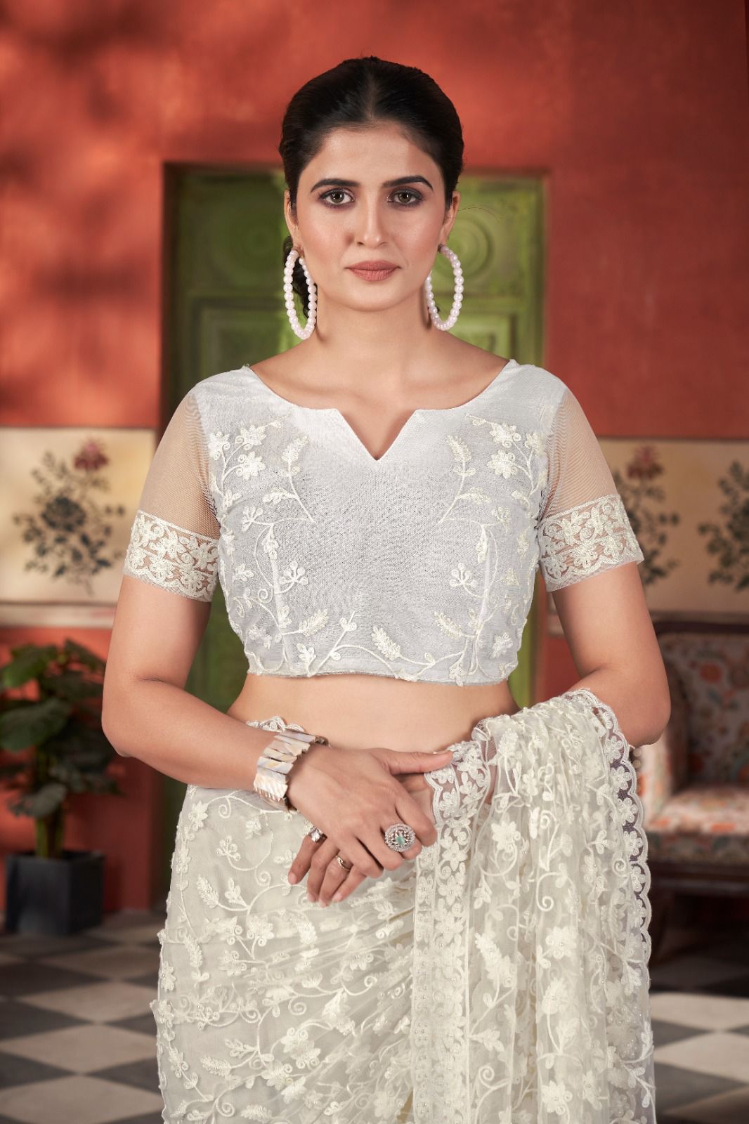 Off white Elegant Embroidered Butterfly Net Saree