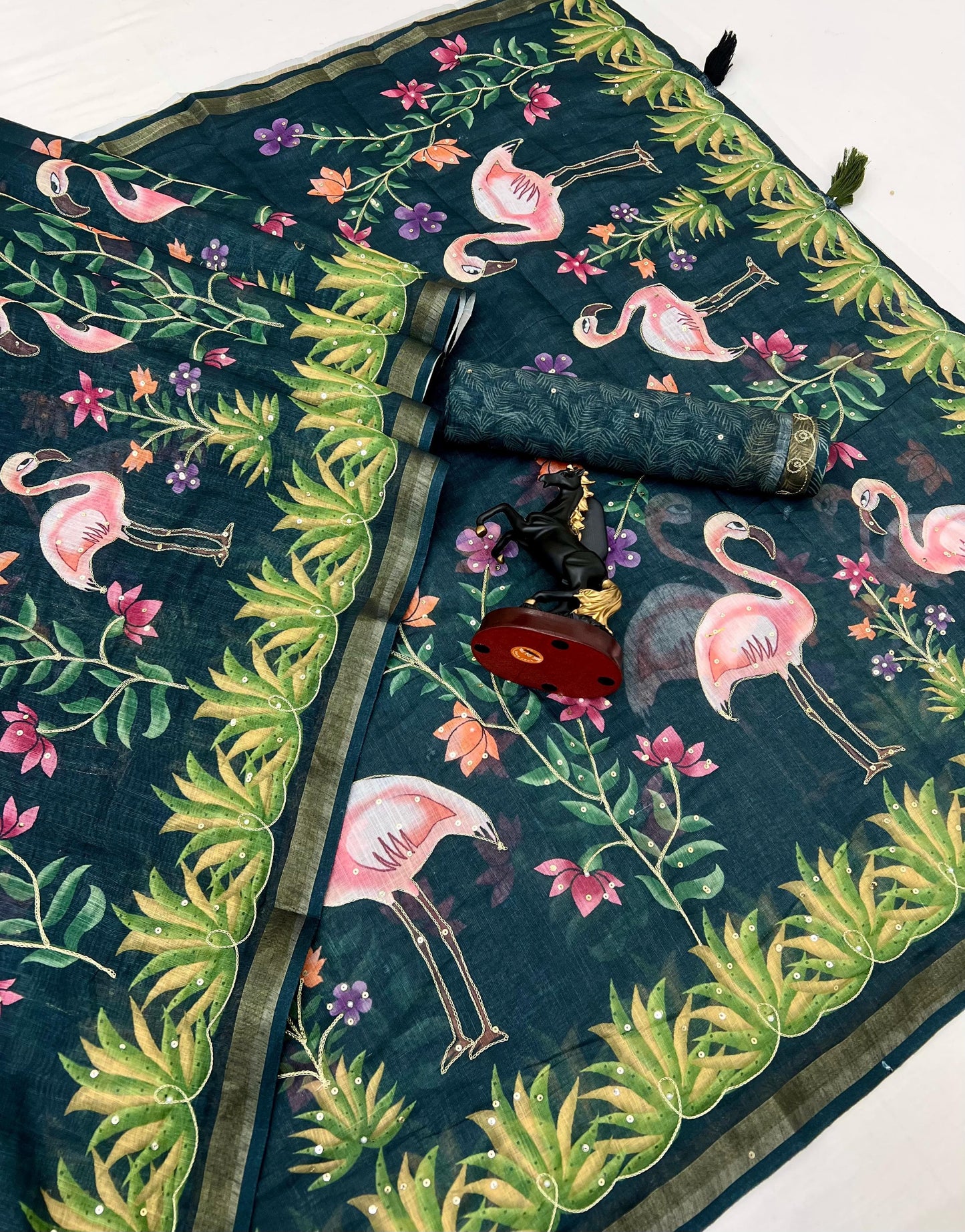 Black Cotton Linen With Embroidery Sequence Work