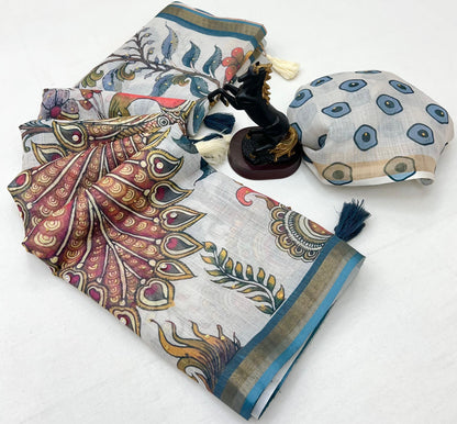 White Cotton Linen With Embroidery Sequence Work