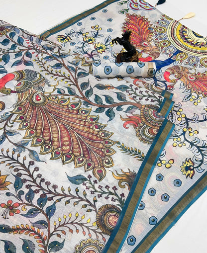 White Cotton Linen With Embroidery Sequence Work