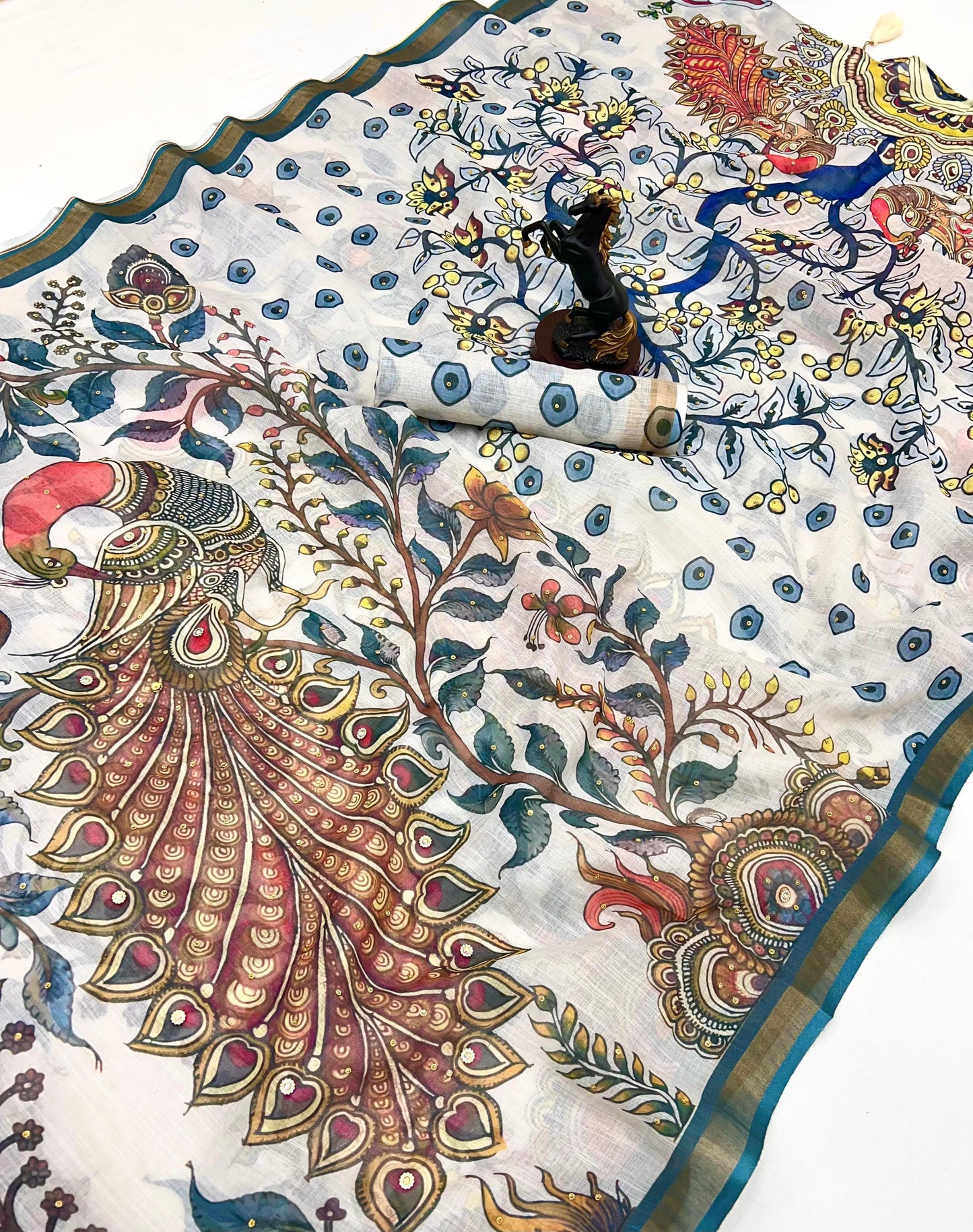 White Cotton Linen With Embroidery Sequence Work