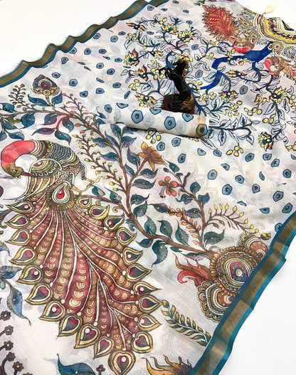 White Cotton Linen With Embroidery Sequence Work