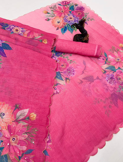 Pink Cotton Linen With Embroidery Sequence Work