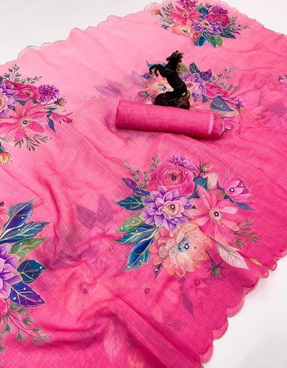 Pink Cotton Linen With Embroidery Sequence Work