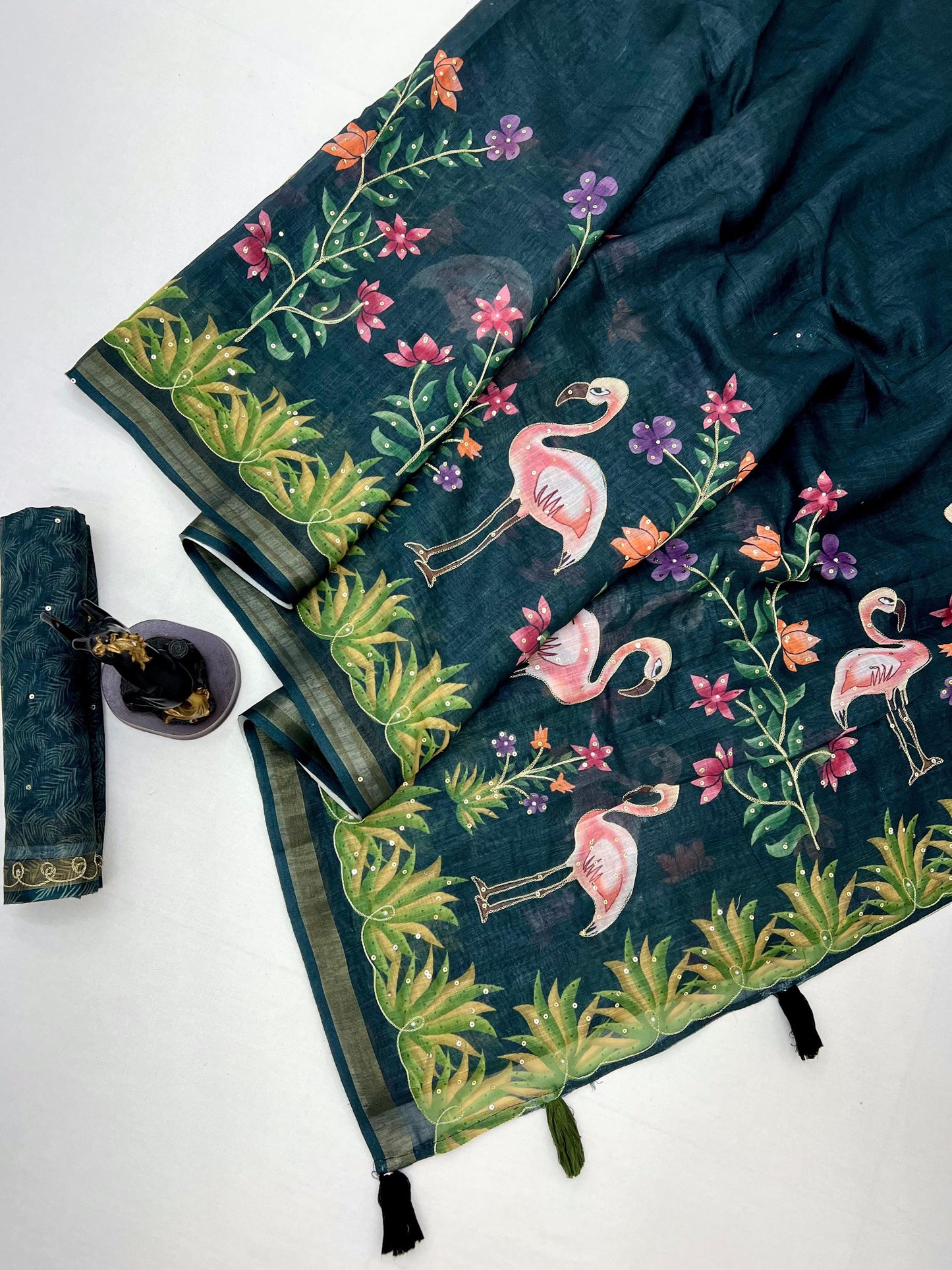 Black Cotton Linen With Embroidery Sequence Work