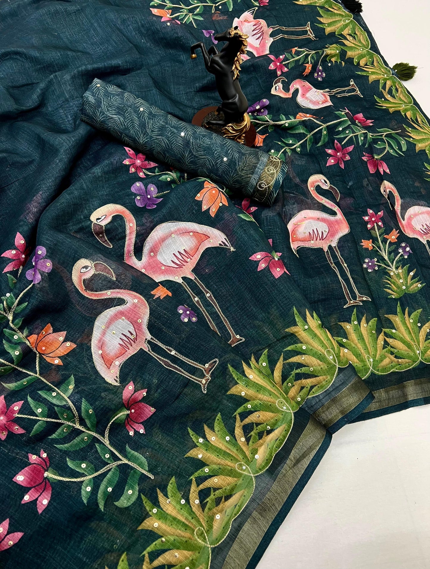 Black Cotton Linen With Embroidery Sequence Work