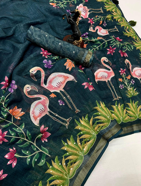 Black Cotton Linen With Embroidery Sequence Work