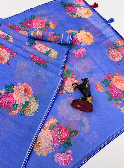 Sky Cotton Linen With Embroidery Sequence Work