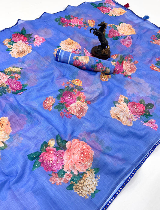 Sky Cotton Linen With Embroidery Sequence Work