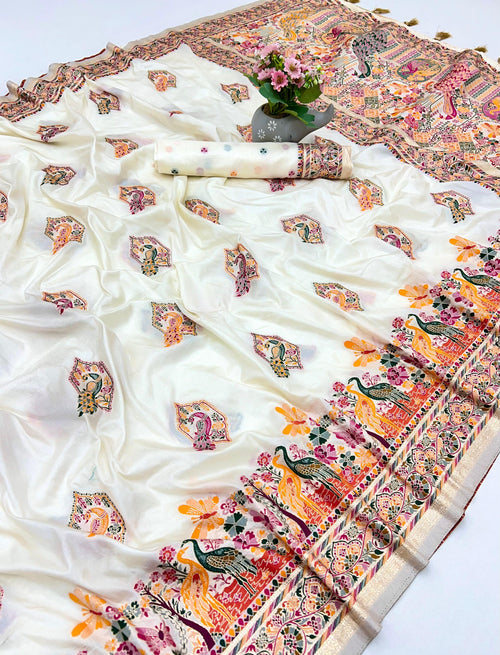 Luxurious Offwhite Pashmina Soft Silk Saree