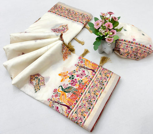 Luxurious Offwhite Pashmina Soft Silk Saree