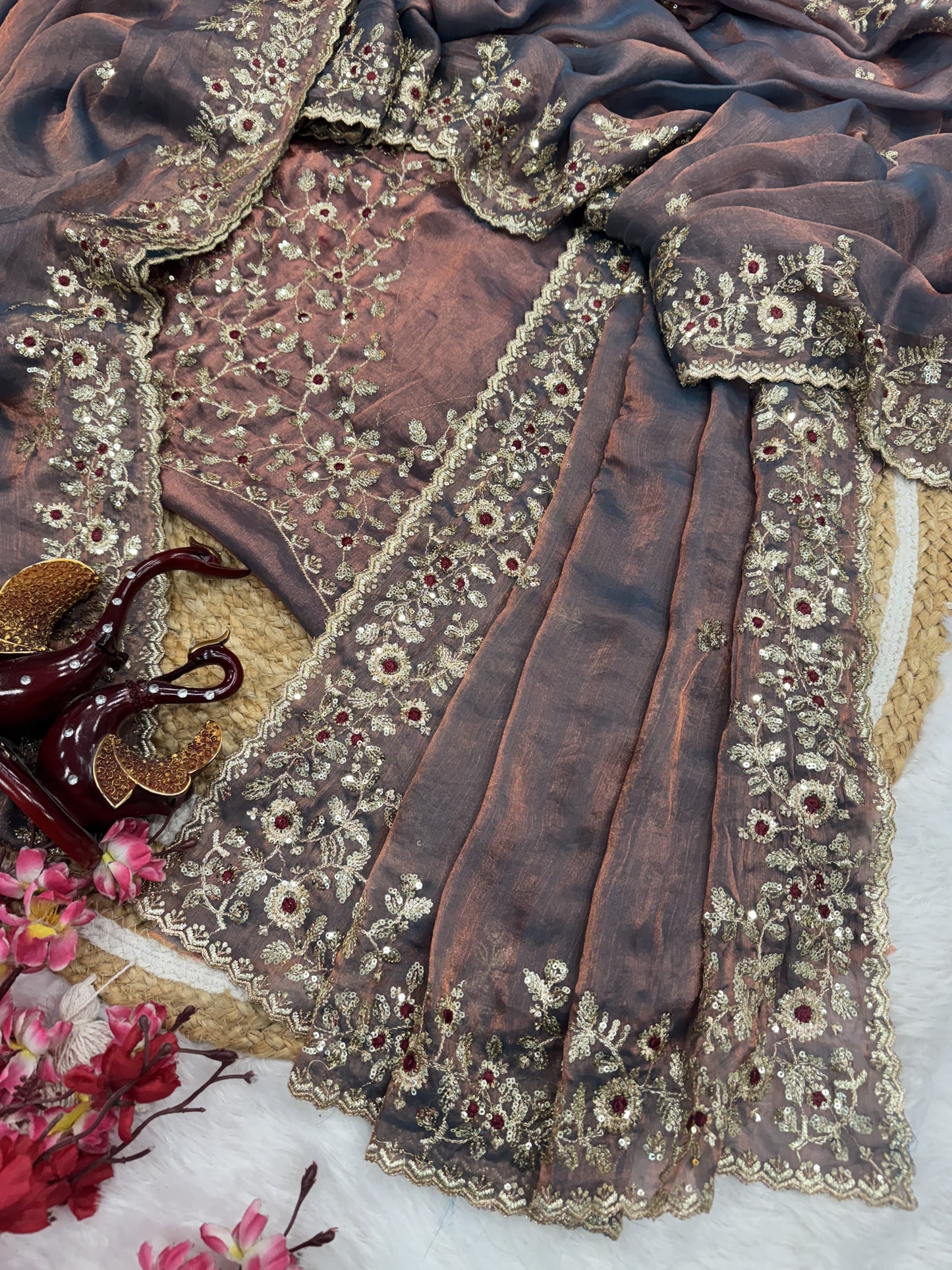 Dusty Chiffon Embroidery Sequence work Designer Saree