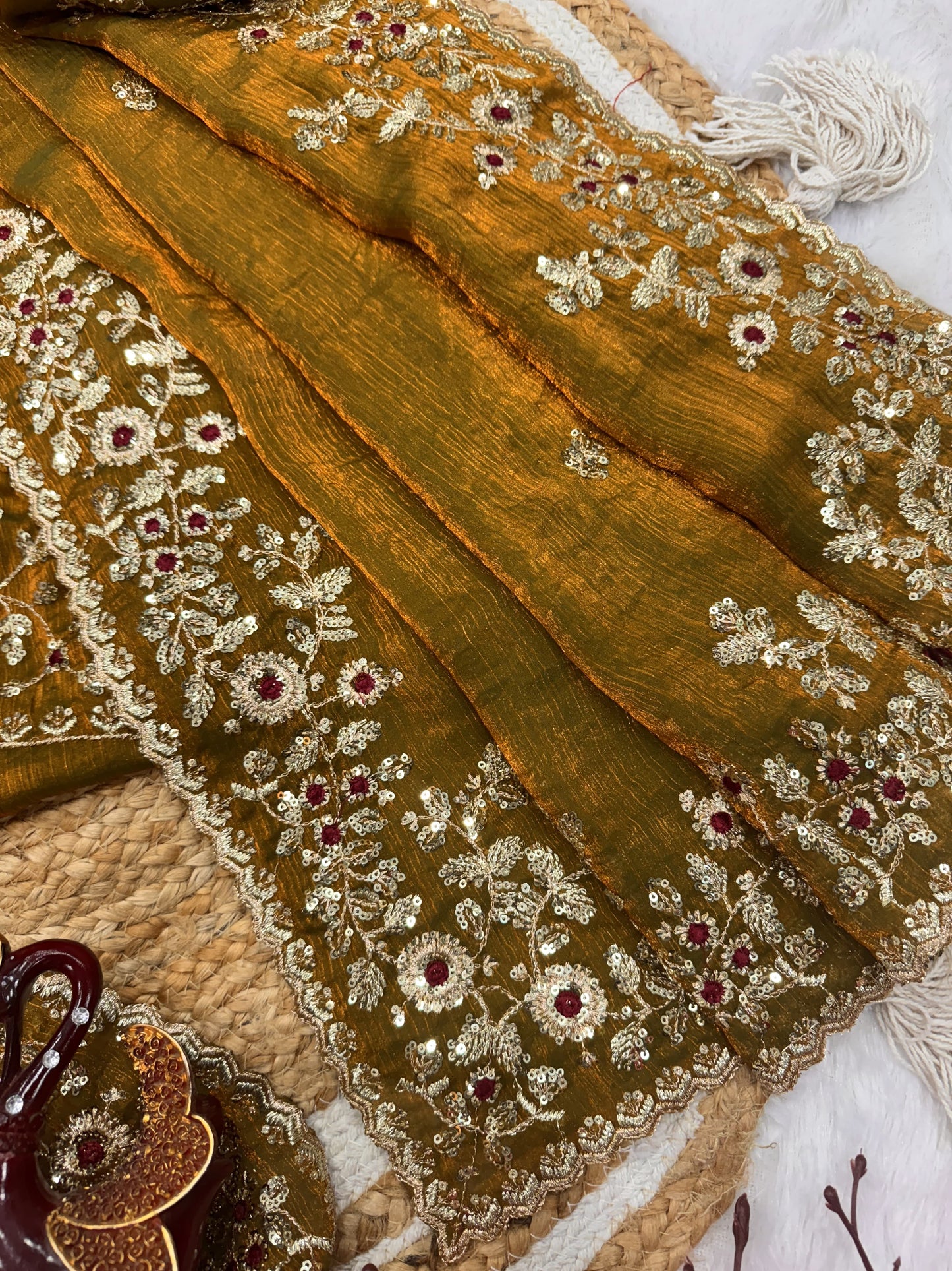 Mustard Yellow Chiffon Embroidery Sequence work Designer Saree