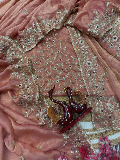 Peach Pink Chiffon Embroidery Sequance Work Designer Saree