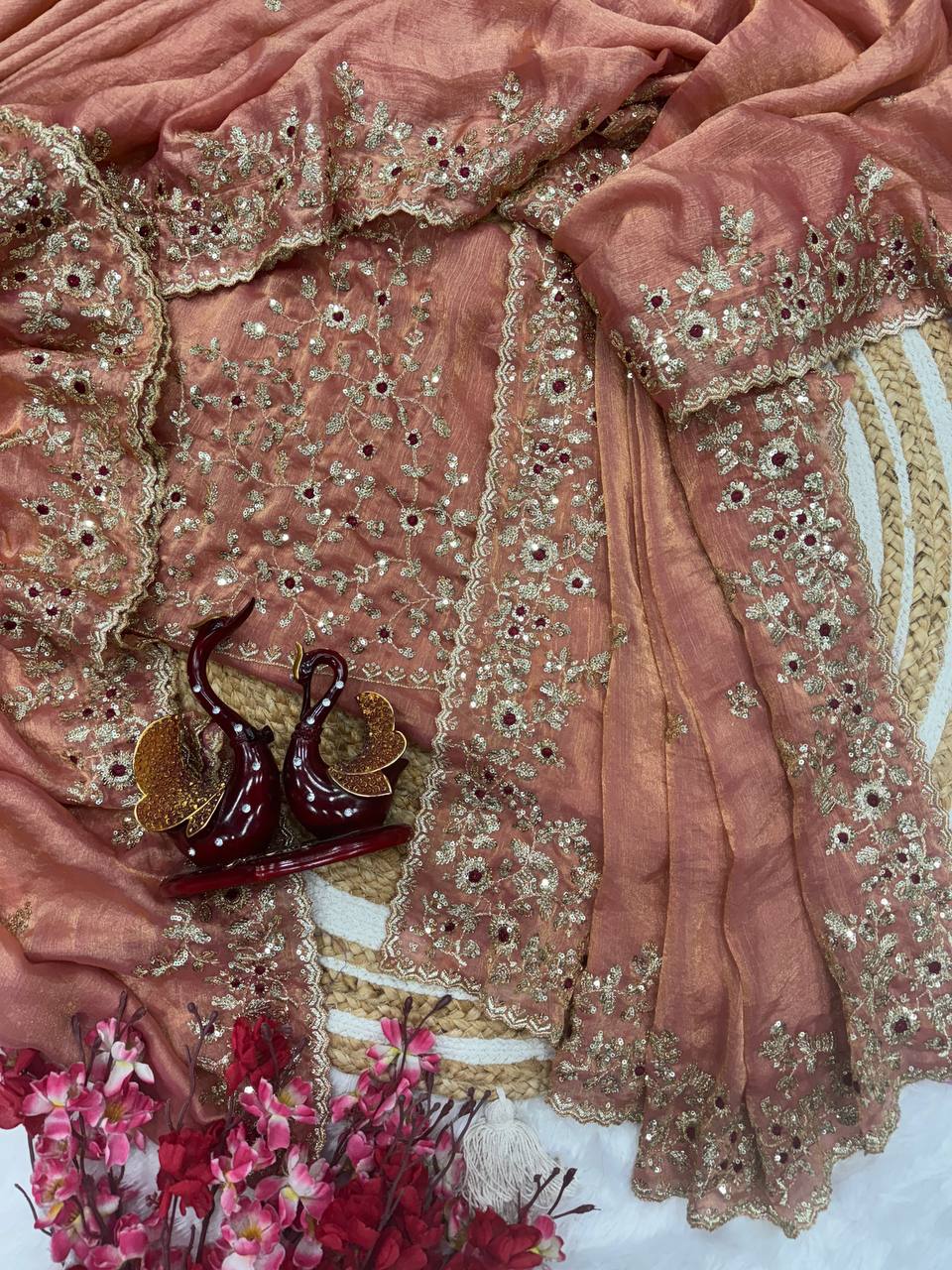 Peach Pink Chiffon Embroidery Sequance Work Designer Saree