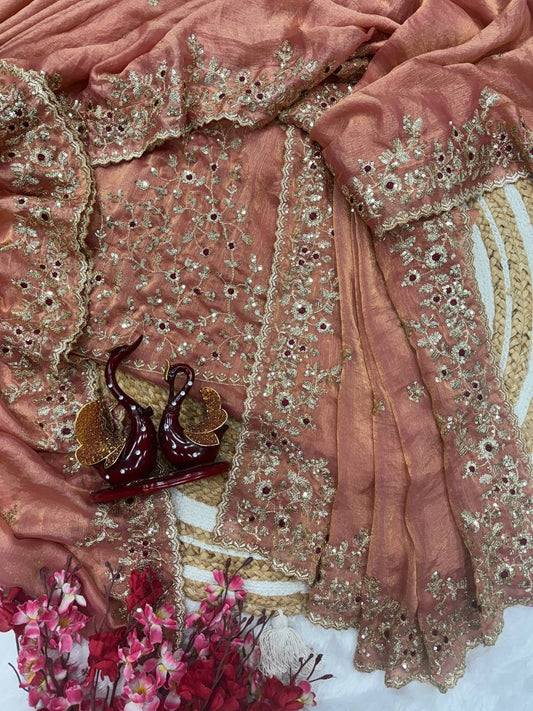 Peach Pink Chiffon Embroidery Sequance Work Designer Saree