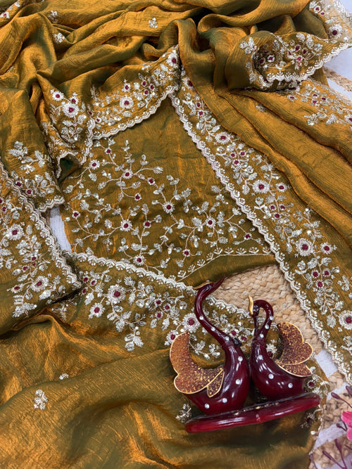 Mustard Yellow Chiffon Embroidery Sequence work Designer Saree
