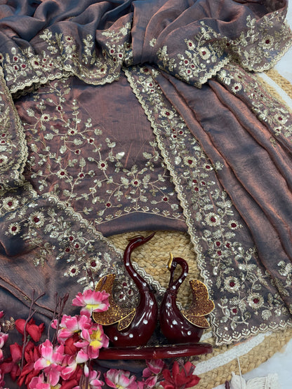 Copper Brown Chiffon Embroidery Sequence work Designer Saree