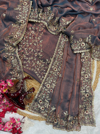 Copper Brown Chiffon Embroidery Sequence work Designer Saree