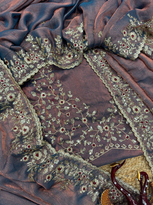 Copper Brown Chiffon Embroidery Sequence work Designer Saree