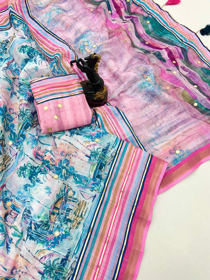 White Cotton Linen With Embroidery Sequence Work