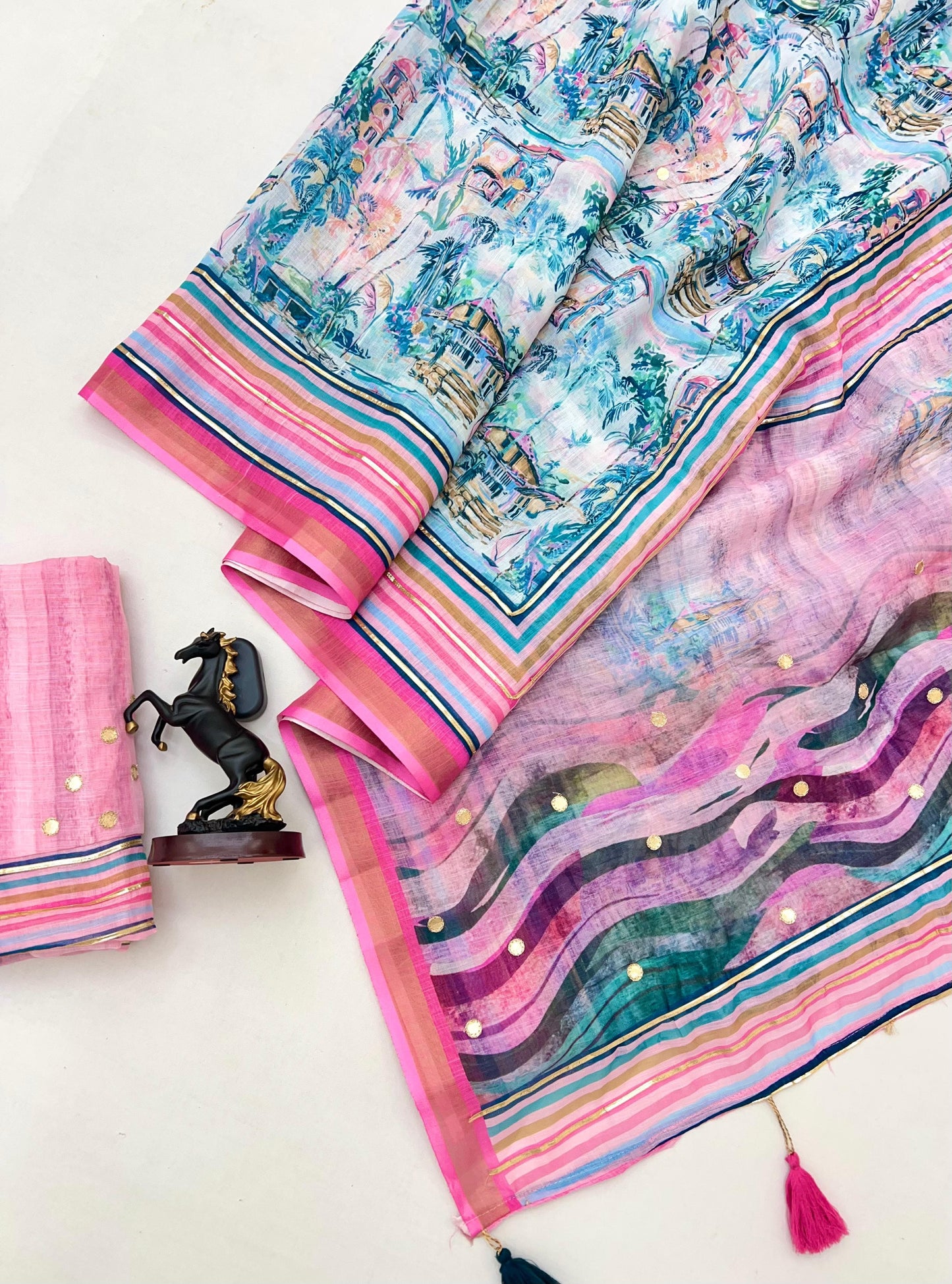 White Cotton Linen With Embroidery Sequence Work