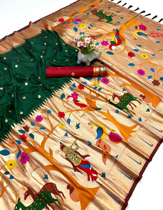 Bottle Green Half All Over Brocket Paithani Saree