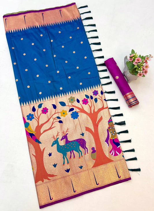 Peacock Blue Half All Over Brocket Paithani Saree