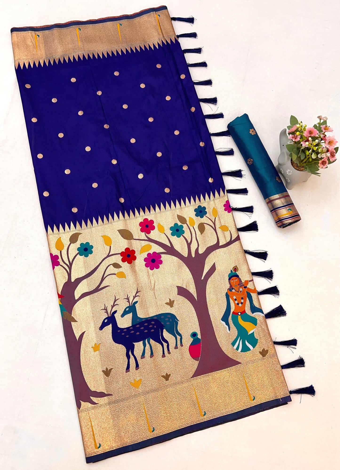 Navy Blue Half All Over Brocket Paithani Saree