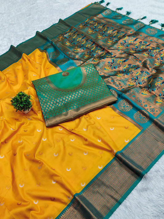 Yellow Pure Silk Chandrakor Paithani Saree