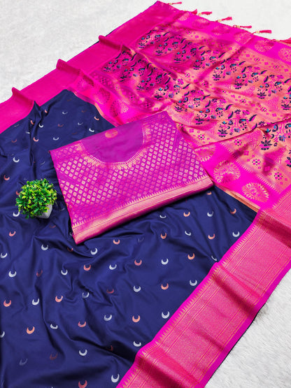 Navy Blue Pure Silk Chandrakor Paithani Saree