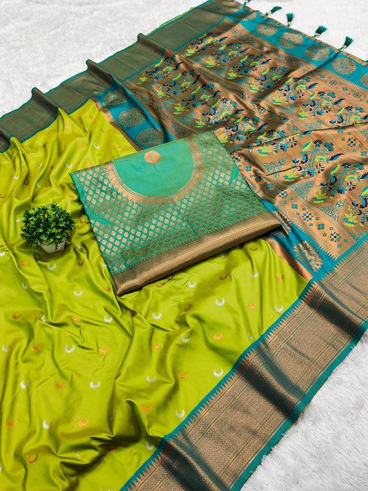 Parrot Green Pure Silk Chandrakor Paithani Saree
