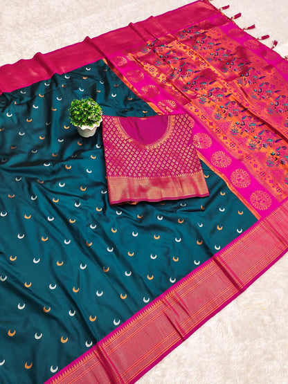 Teal Green Pure Silk Chandrakor Paithani Saree