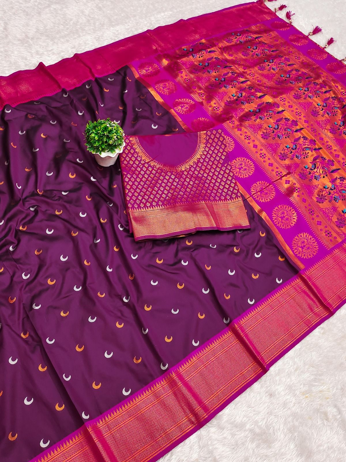Purple Pure Silk Chandrakor Paithani Saree