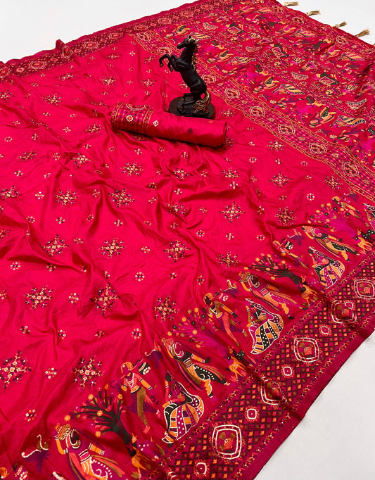Red Pashmina Kashmiri Silk Zari Woven Saree