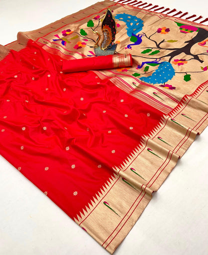 Royal Red Pure Silk Single Muniya Paithani Saree