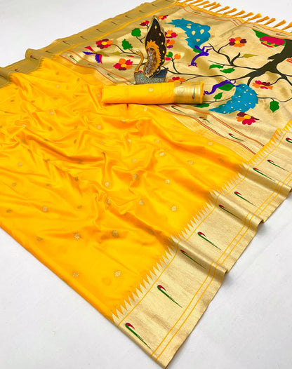 Yellow Pure Silk Single Muniya Paithani Saree