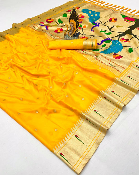 Yellow Pure Silk Single Muniya Paithani Saree
