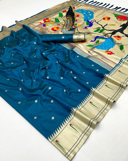 Peacock Blue Pure Silk Single Muniya Paithani Saree