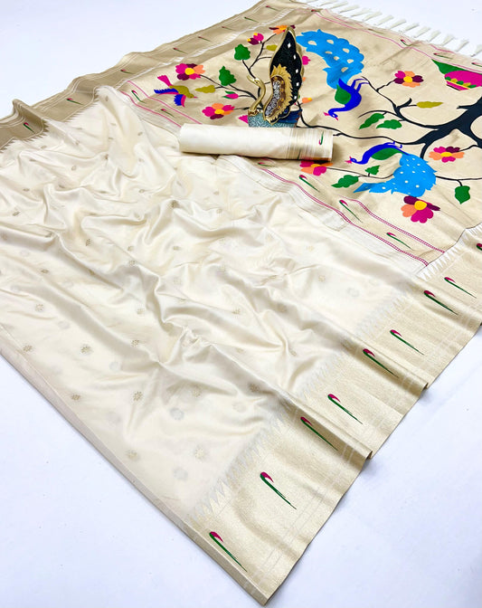 Offwhite Pure Silk Single Muniya Paithani Saree