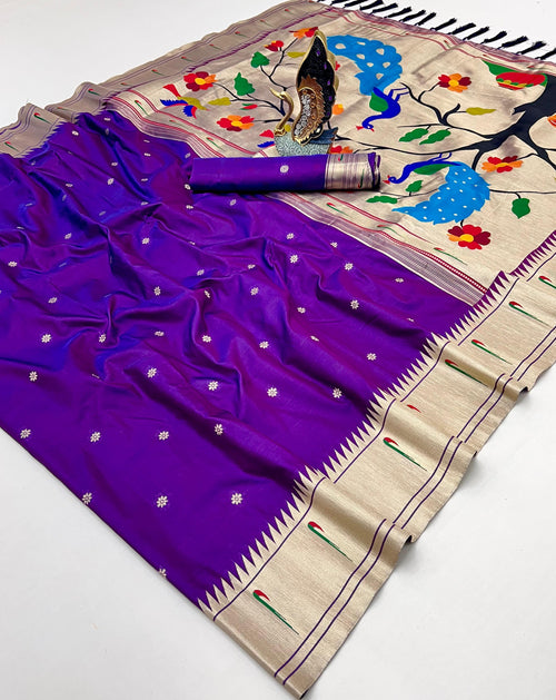 Purple Pure Silk Single Muniya Paithani Saree
