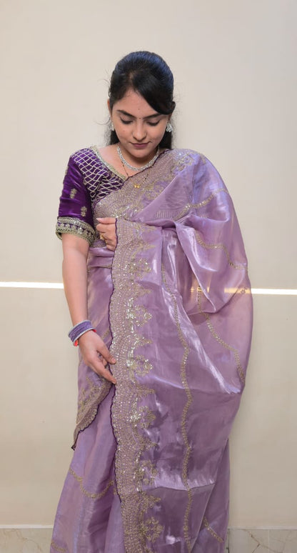 Exclusive Lavender Tissue Organza Designer Saree
