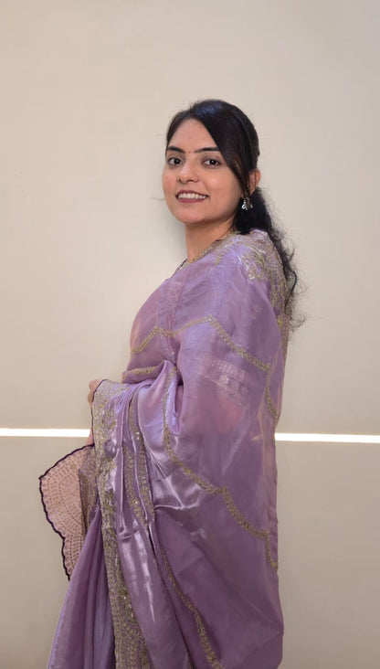 Exclusive Lavender Tissue Organza Designer Saree