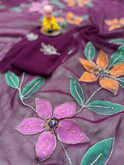 Elegant Organza Wine Floral Brush Print Saree